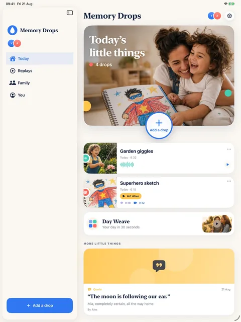 Family Memories native iPad layout with sidebar and Today’s little things