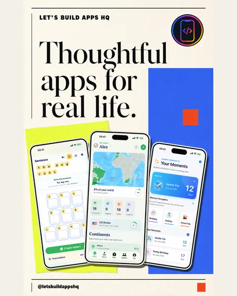 Let’s Build Apps HQ Instagram artwork featuring three current app screens