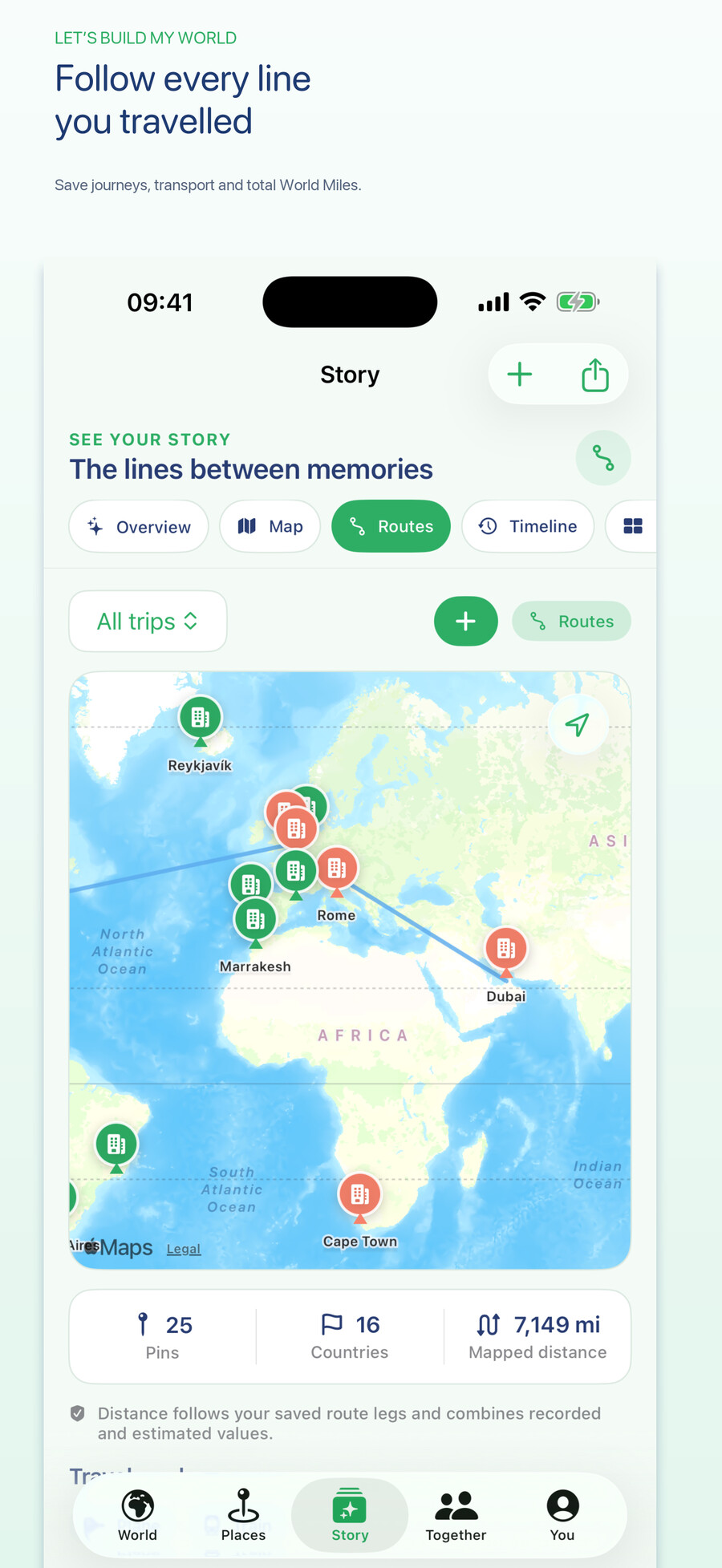 My World routes map connecting travel memories
