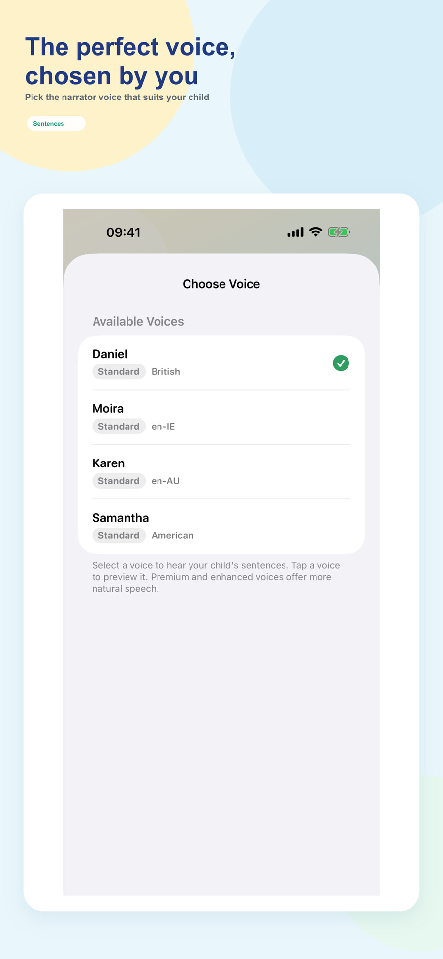 Let’s Build Sentences narrator voice chooser
