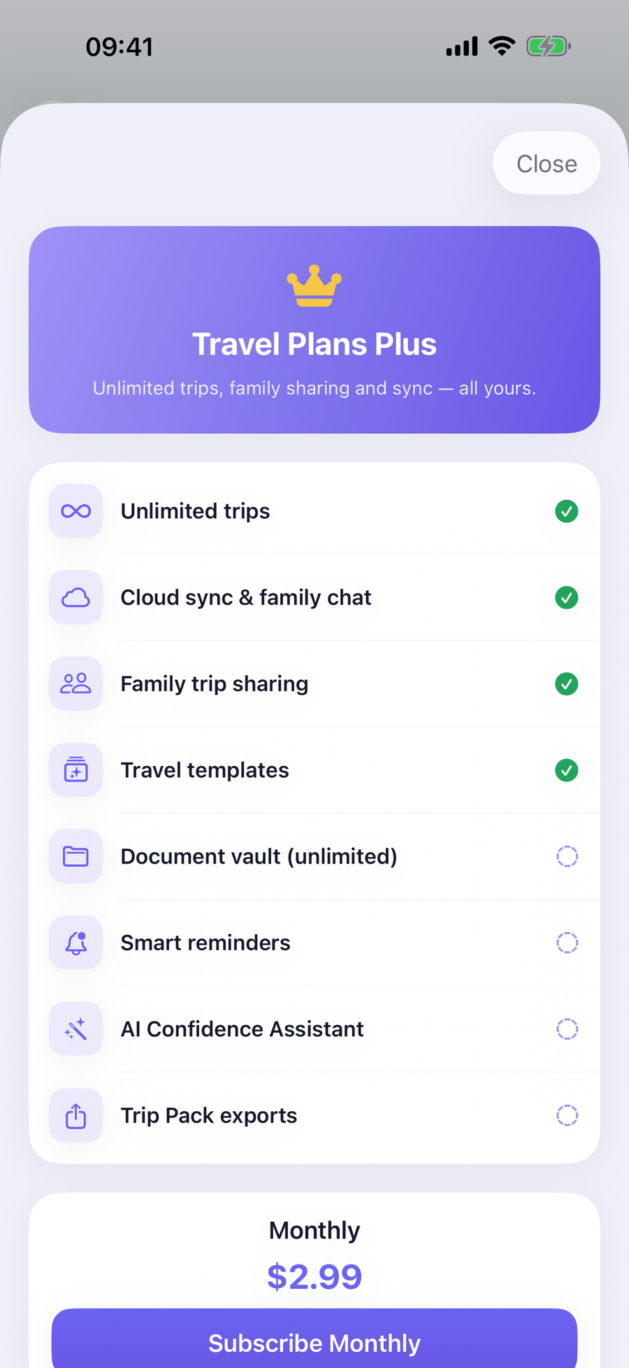 Travel Plans Plus purchase screen from the current TestFlight build