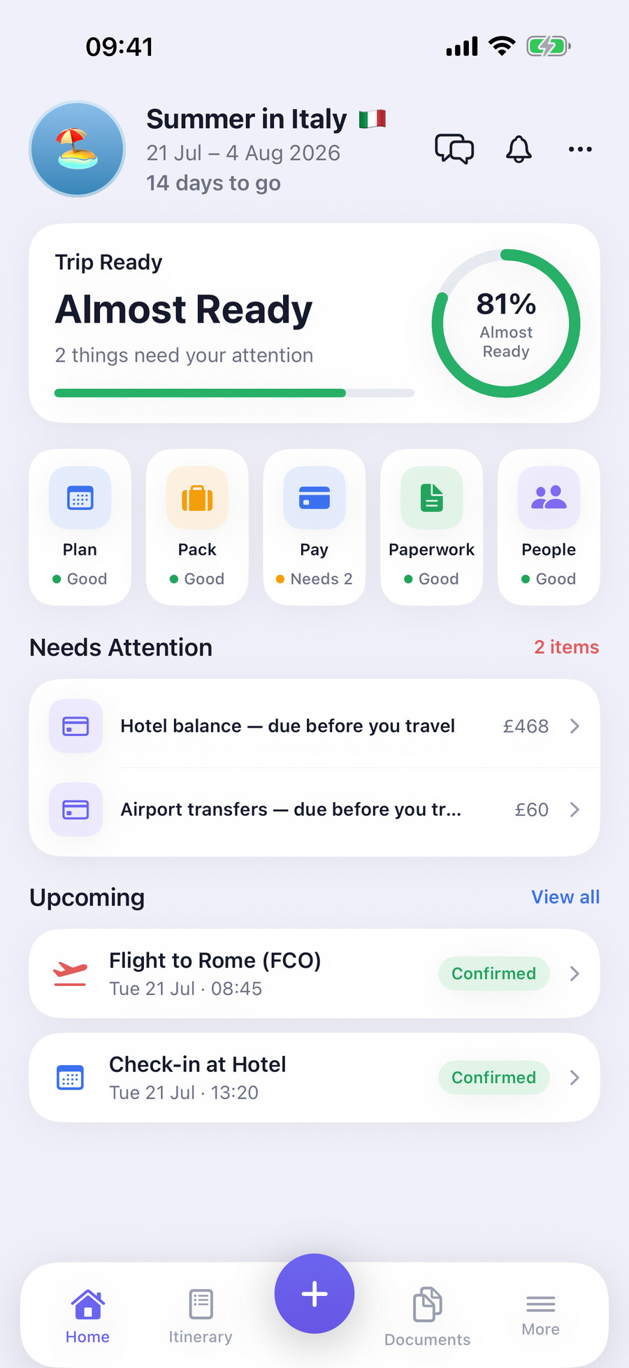 Travel Plans Trip Ready dashboard with five planning pillars