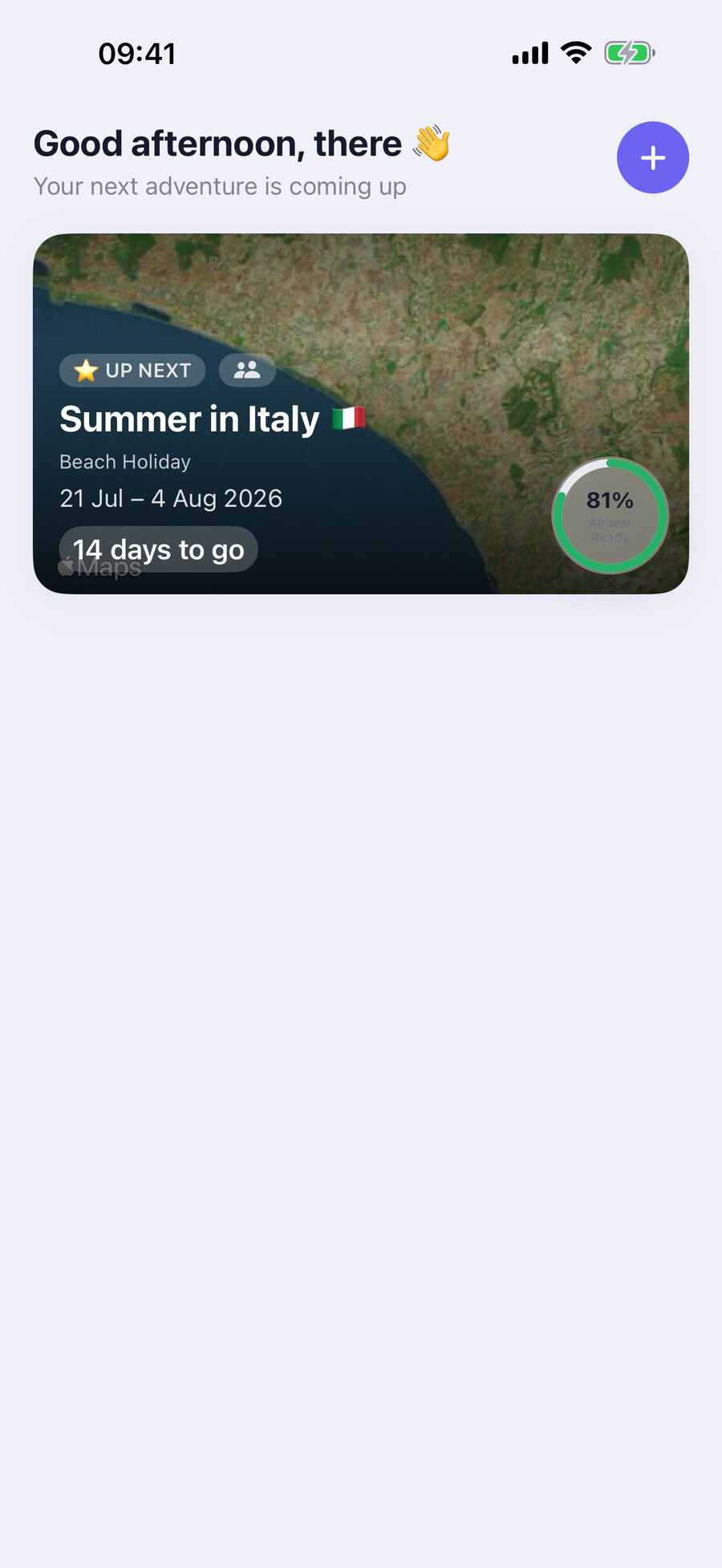 Travel Plans trip list with an upcoming Italy trip