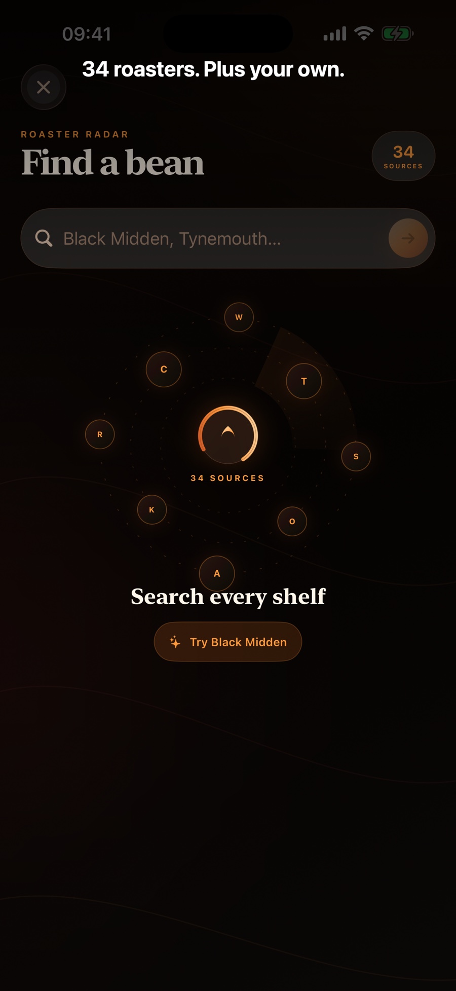 Better Coffee search across 34 roaster sources with support for user-added stores