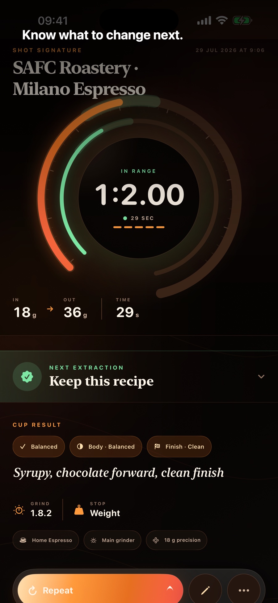 Better Coffee shot detail with extraction range and next action