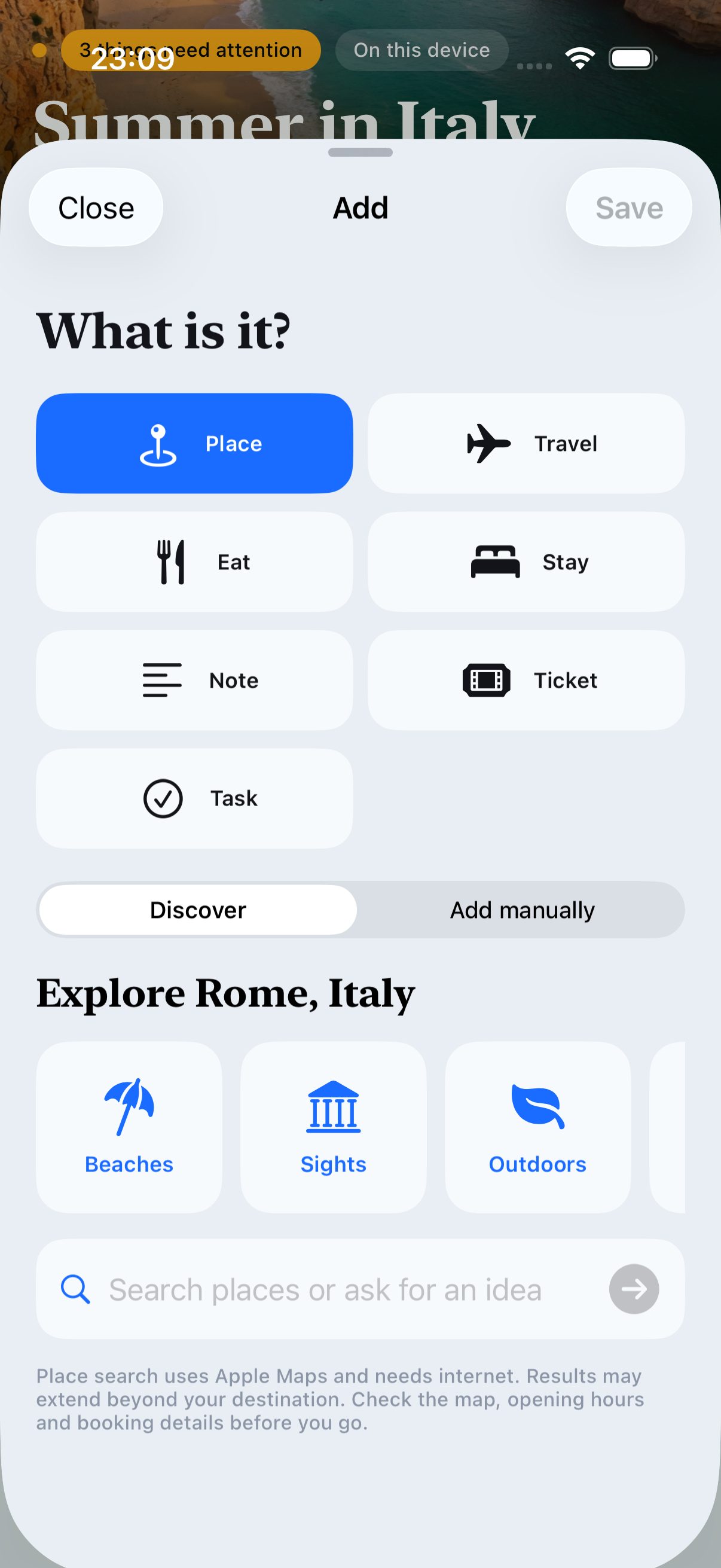 Real Travel Plans screen with visual Beaches, Sights and Outdoors categories and a place-search field