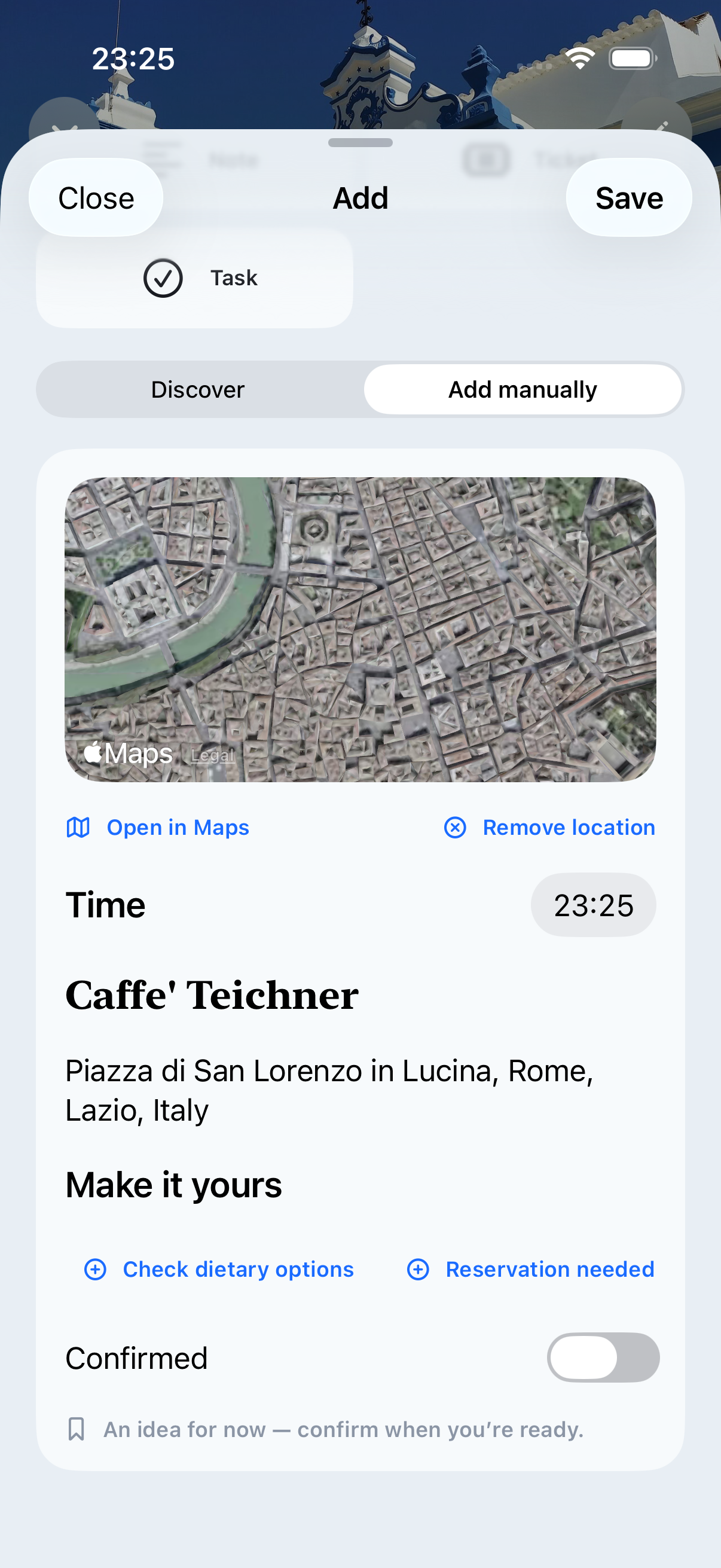 Real selected café with Apple Maps preview, editable time and planning prompts