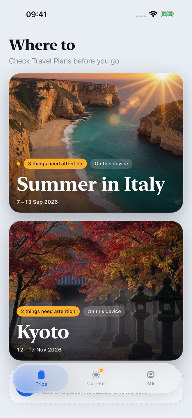 Travel Plans Trips screen with Italy and Kyoto example trips