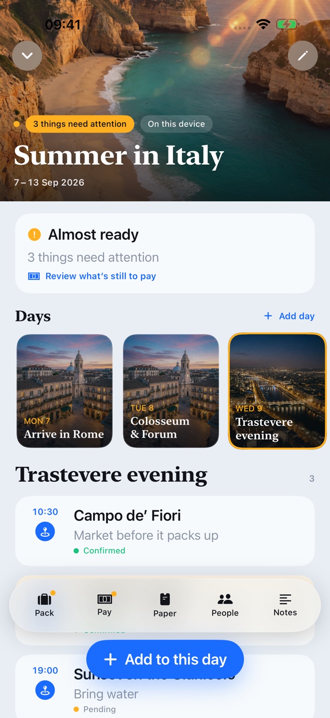 Travel Plans Plan screen with example trip data
