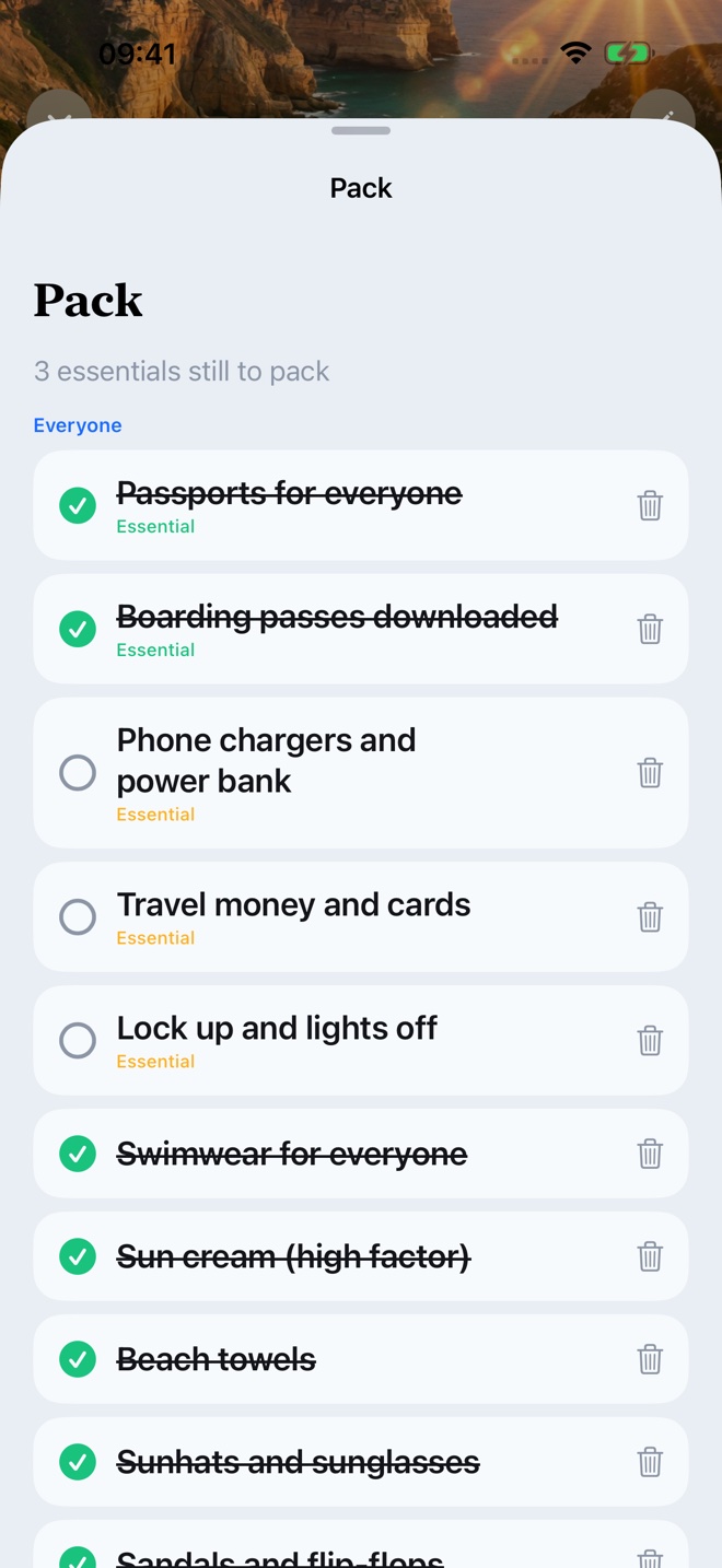 Travel Plans Pack screen with example trip data
