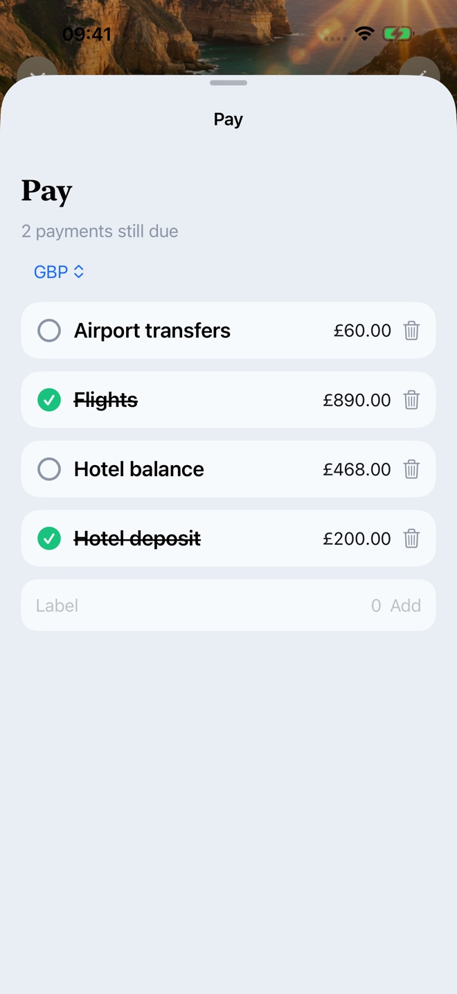 Travel Plans Pay screen with example trip data