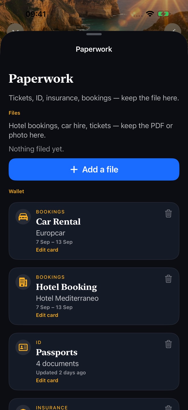 Travel Plans Paperwork screen with example trip data