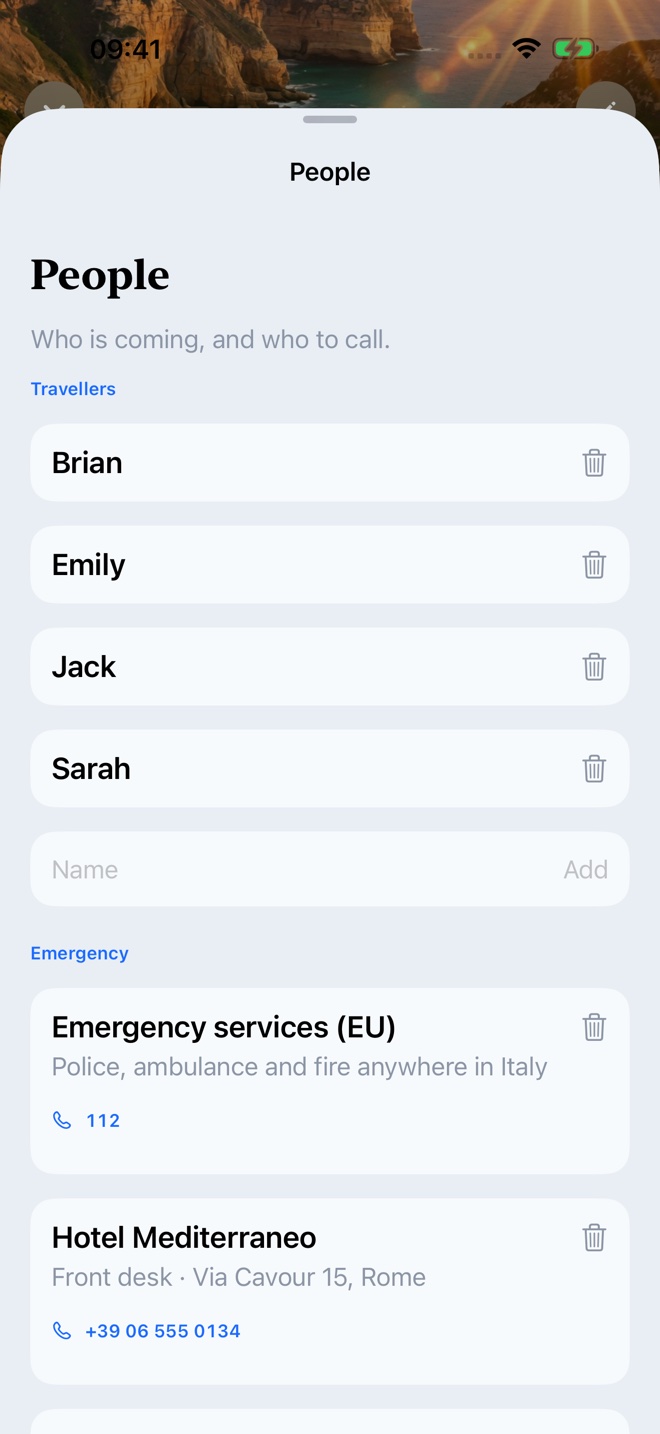 Travel Plans People screen with example trip data