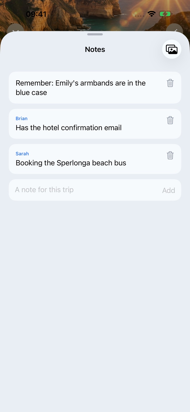 Travel Plans Notes screen with example trip data